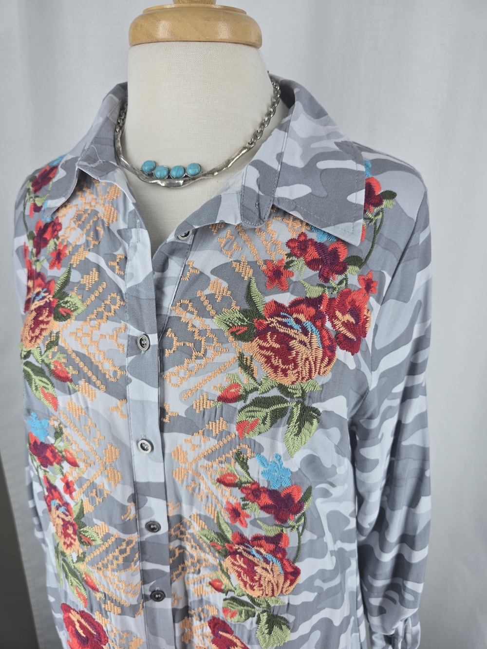 Gray Camo Button-Up Shirt with Colorful Floral Embroidery